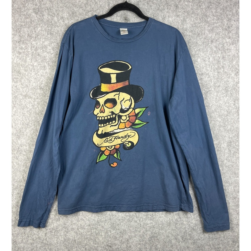 VTG Ed Hardy Graphic Tee Shirt Mens XL Blue Long Sleeve Tattoo Grunge Punk Y2K